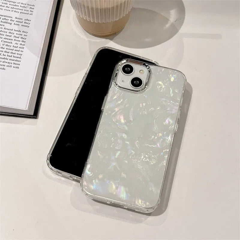 Fantasy shell pattern TPU phone case with epoxy finish for iPhone models, white colour option shown