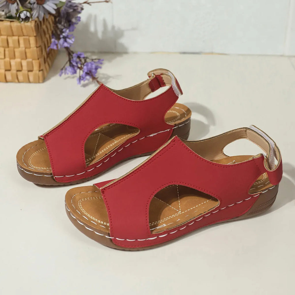 Women's plus size wedge sandals with Velcro fastening, PU upper, round toe, sizes 36-43