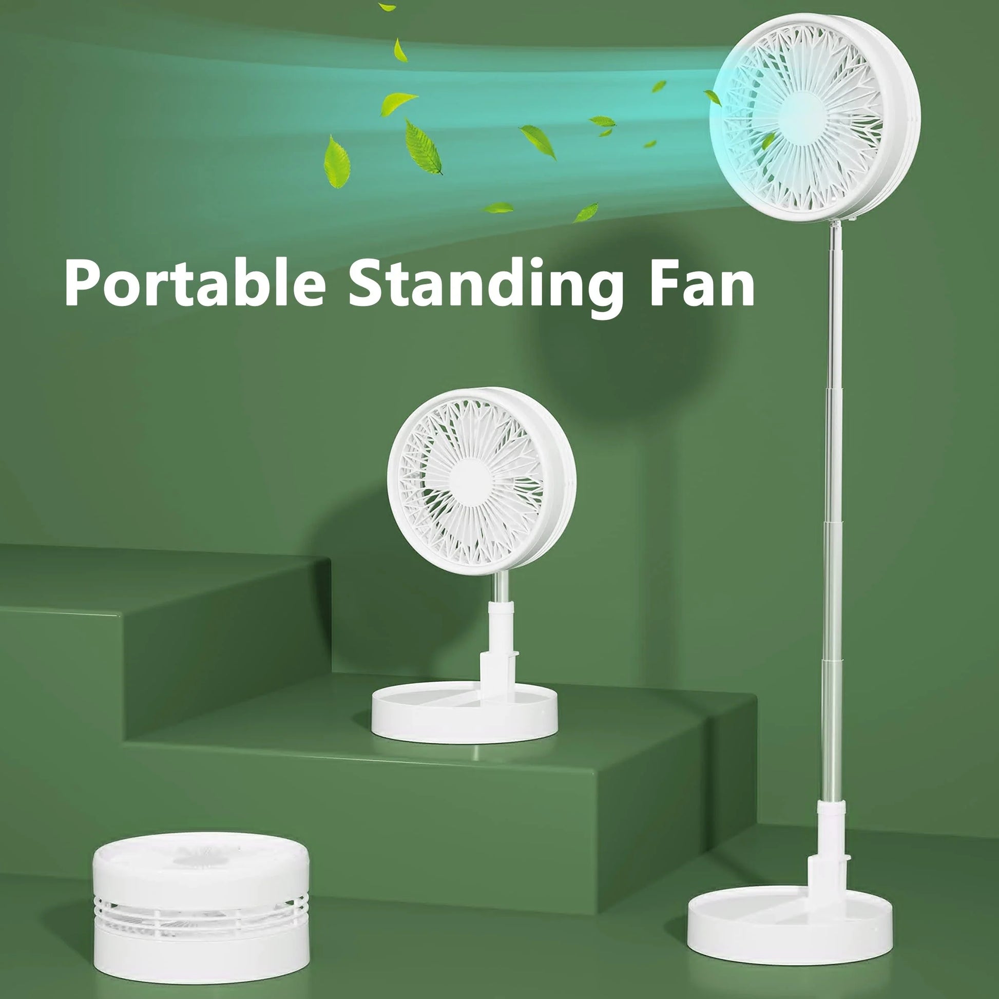 A versatile portable fan with adjustable speeds, long-lasting battery, and compact foldable design for use in office, kitchen, camping, and more