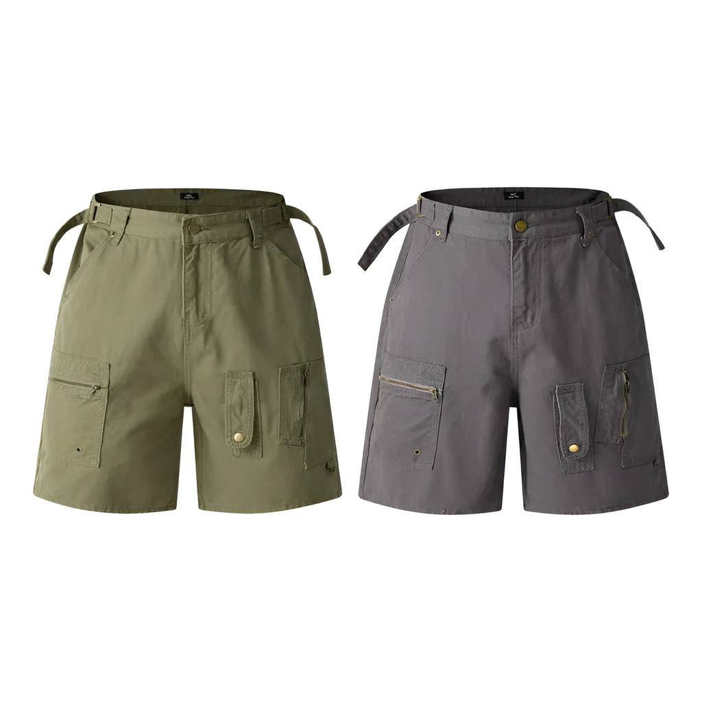 Retro-style loose-fit washed cotton shorts for men and women with a half elastic waistband.