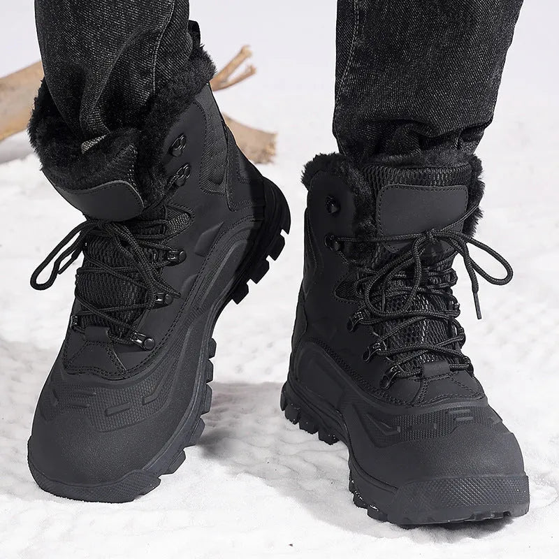 Men's black high-top lace-up winter boots with fleece lining, shown on a size label scale from 39 to 48.