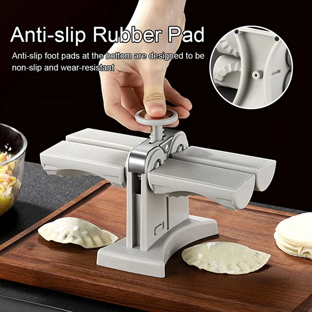White double-head manual dumpling press with stainless steel mould and plastic handles