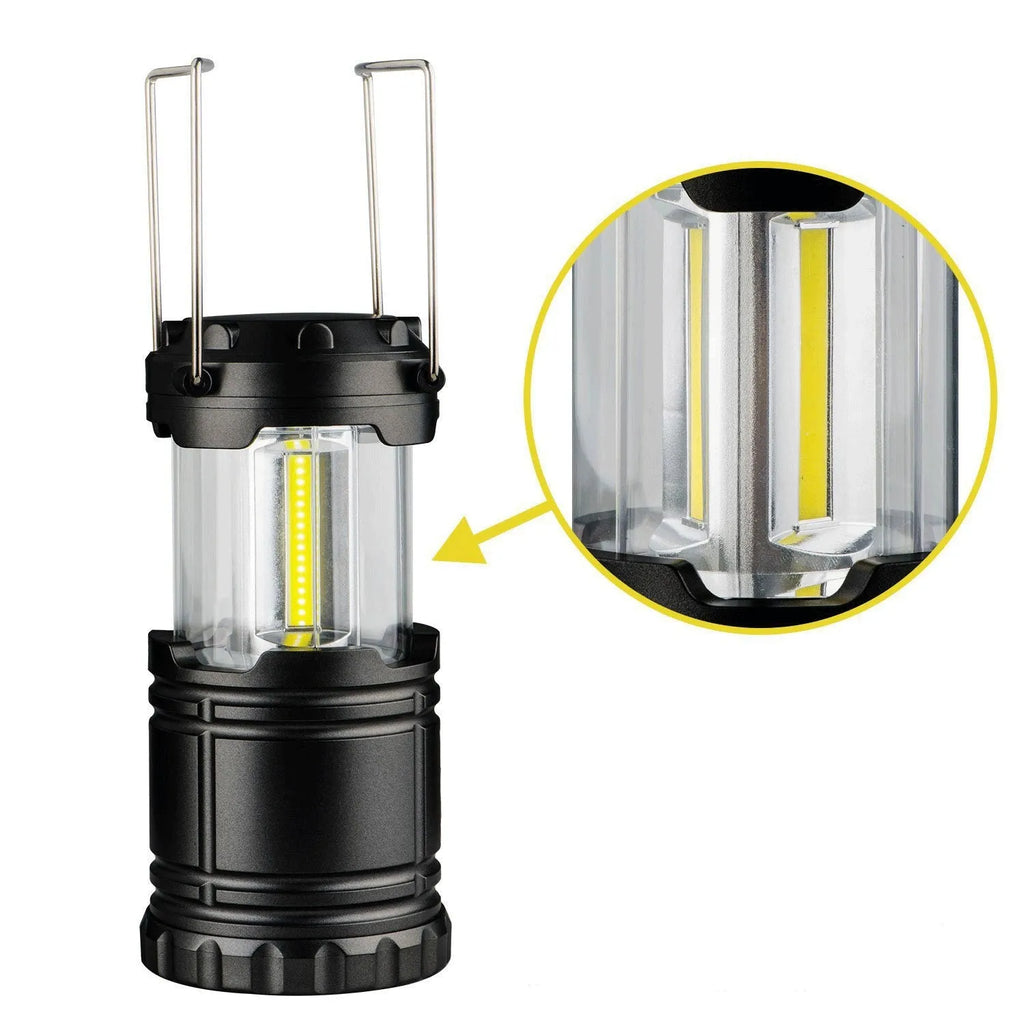 Gold COB camping lamp with telescopic design, solar panel on top, and stainless steel handle for hanging