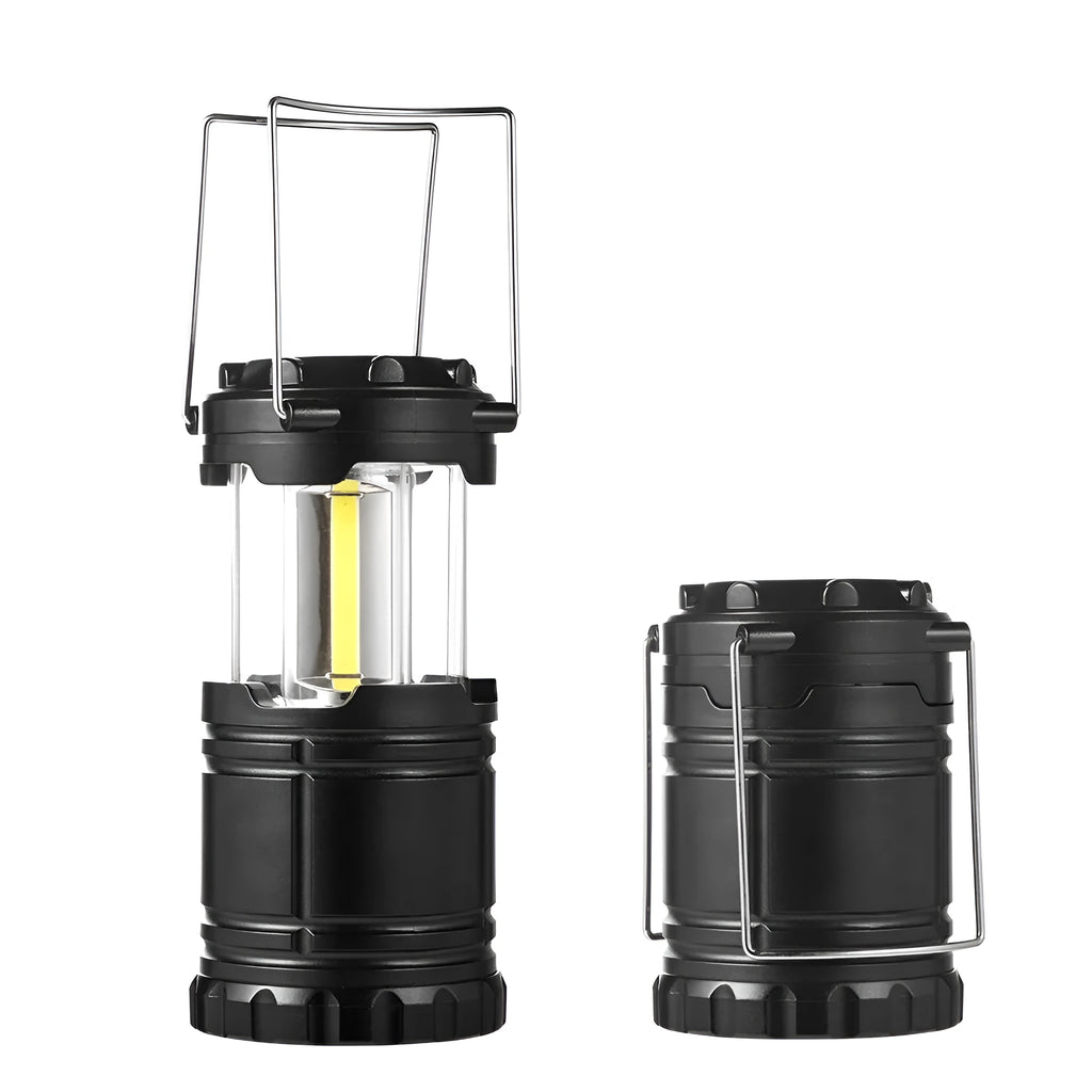 Gold COB camping lamp with telescopic design, solar panel on top, and stainless steel handle for hanging
