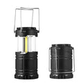 Gold COB camping lamp with telescopic design, solar panel on top, and stainless steel handle for hanging