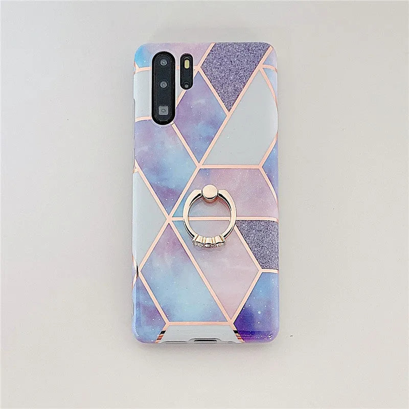 Electroplating mosaic marble ring phone case with grid pattern in TPU for Huawei smartphone