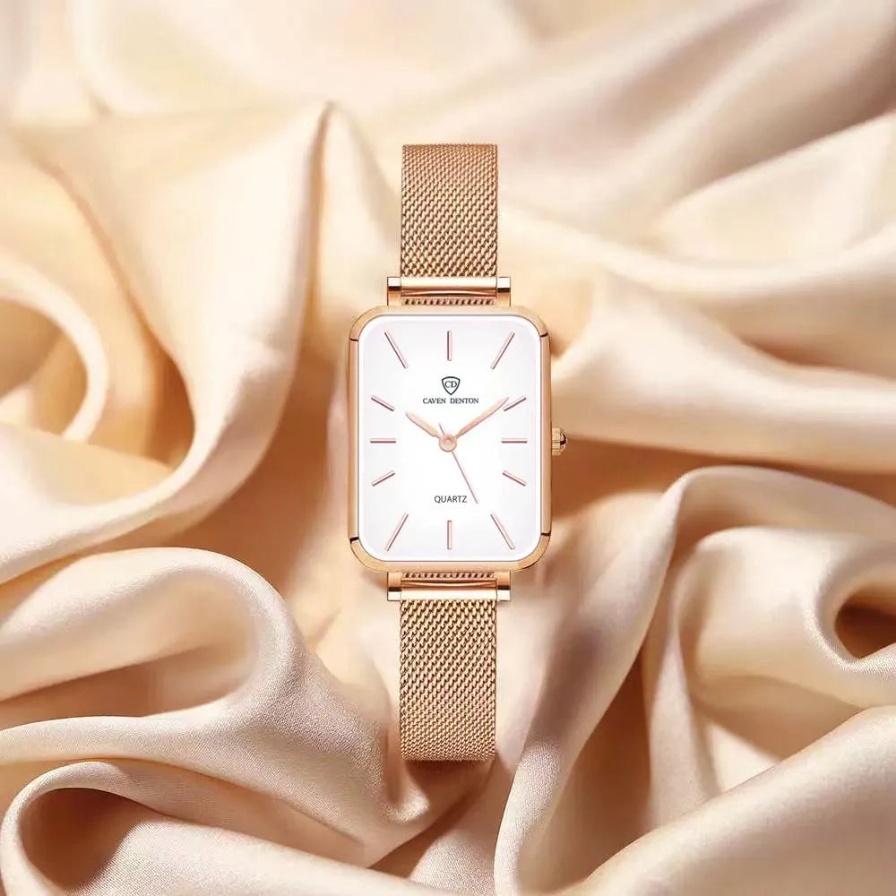 Women's rose gold or silver waterproof watch with woven steel strap and analogue dial.
