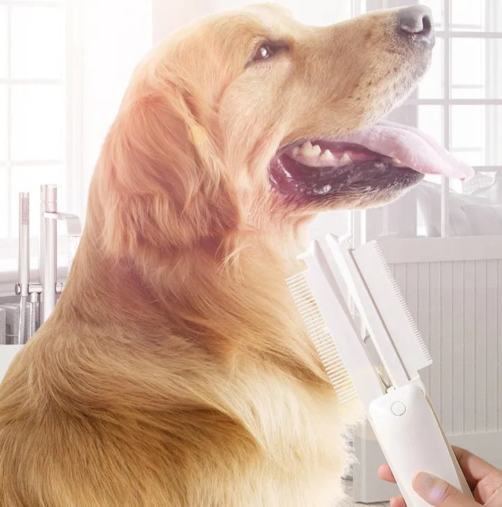 Pet grooming brush with ergonomic handle for cats and dogs with massage epilator function