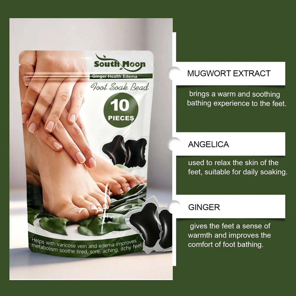 Ginger Health Edema Foot Soak Beads 10 Pack with wormwood and angelica foot bath beads in a pouch