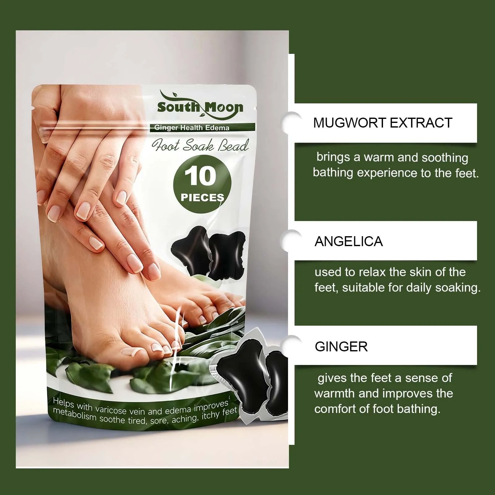 Ginger Health Edema Foot Soak Beads 10 Pack with wormwood and angelica foot bath beads in a pouch