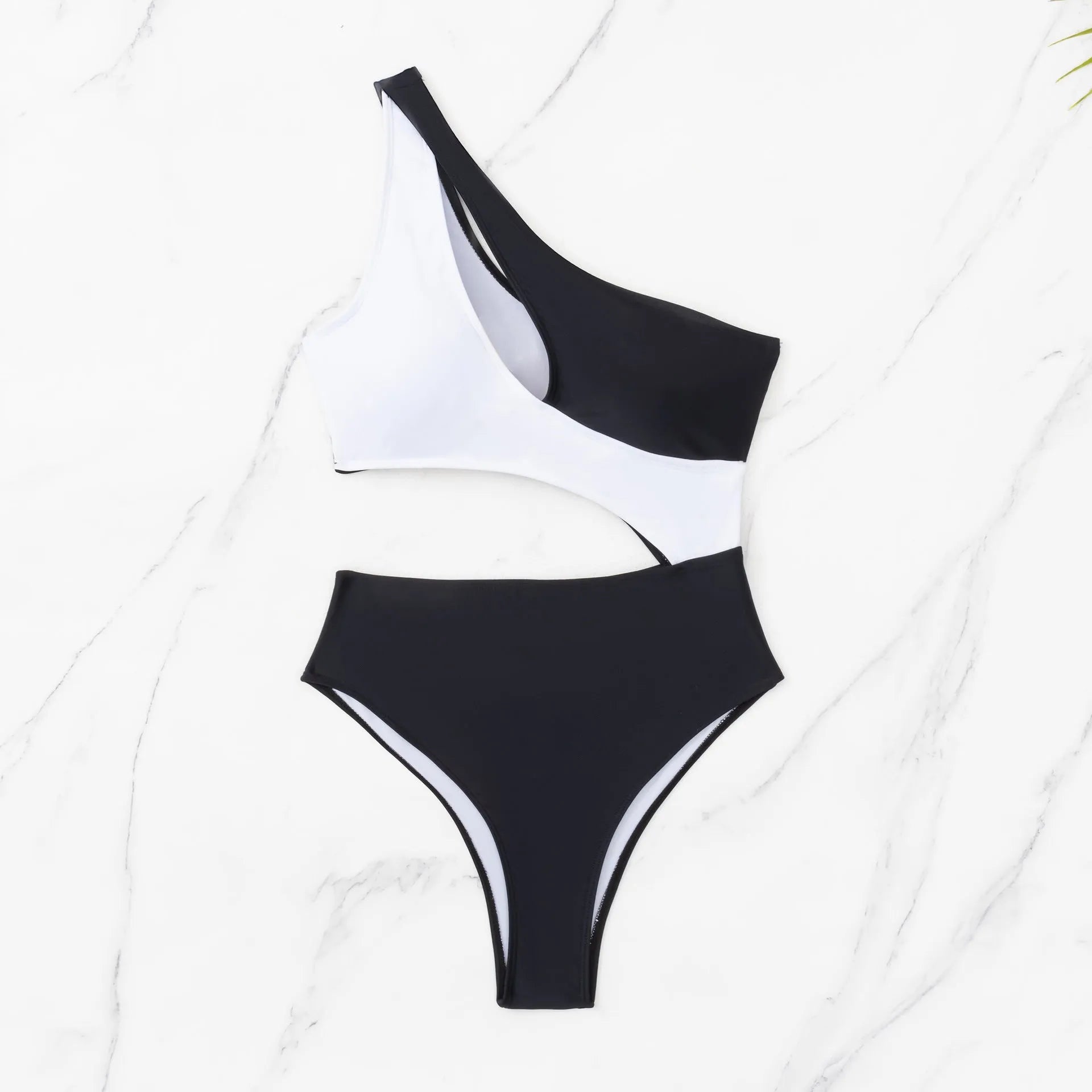 Black women's one-piece swimsuit with hollow cut-outs and white contrast stitching.