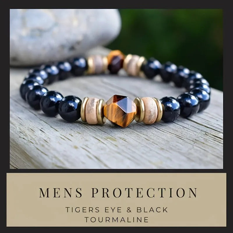 Tigereye cut obsidian bracelet with 8mm black beads on neutral background