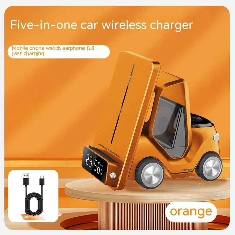 Grey 15W wireless charging bracket holding a phone and two other devices on a desk.