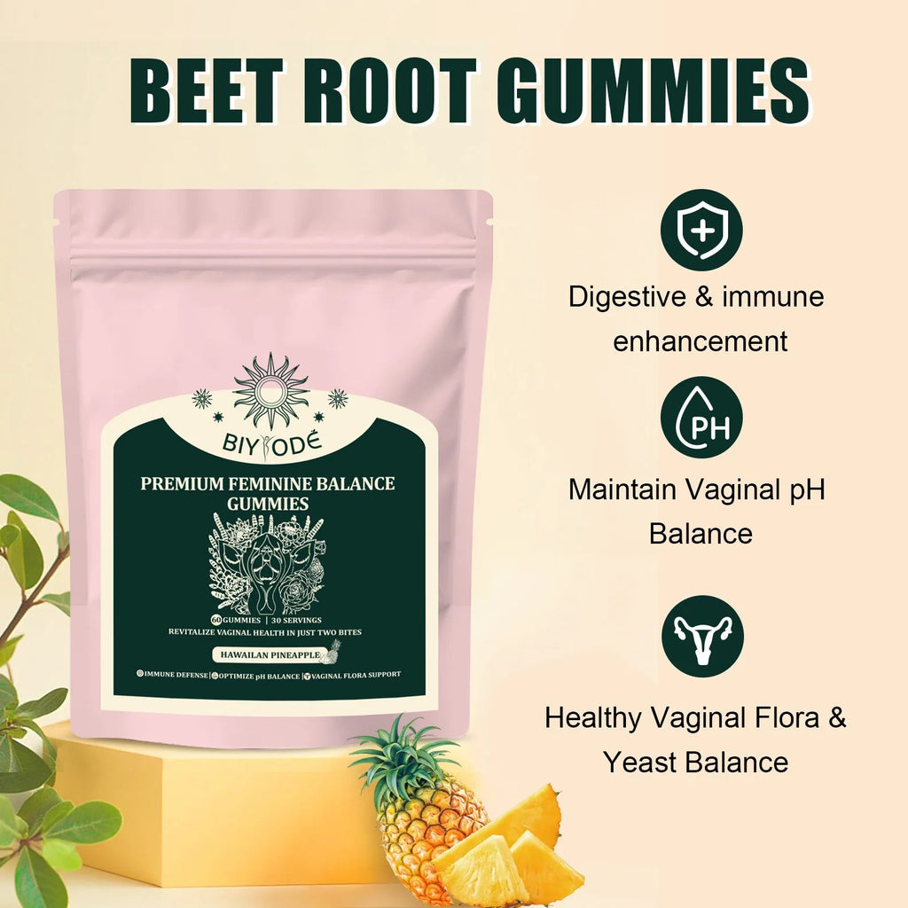 Feminine balance gummies in a clear pouch with pineapple flavour and vitamin C for vaginal health