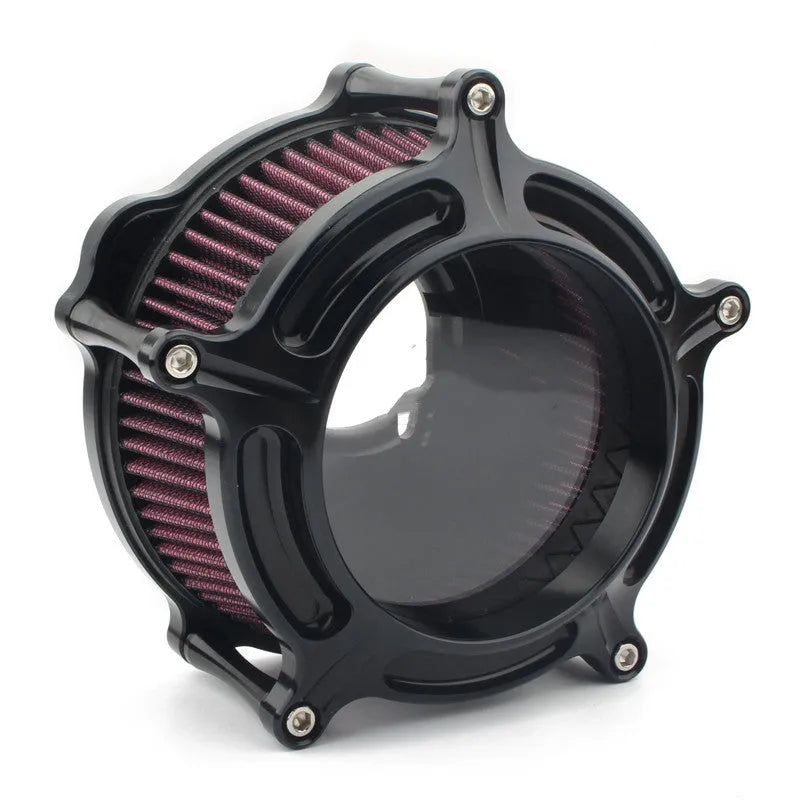 Aluminium air filter housing for car retrofit in various colour options including blue, red, and black.