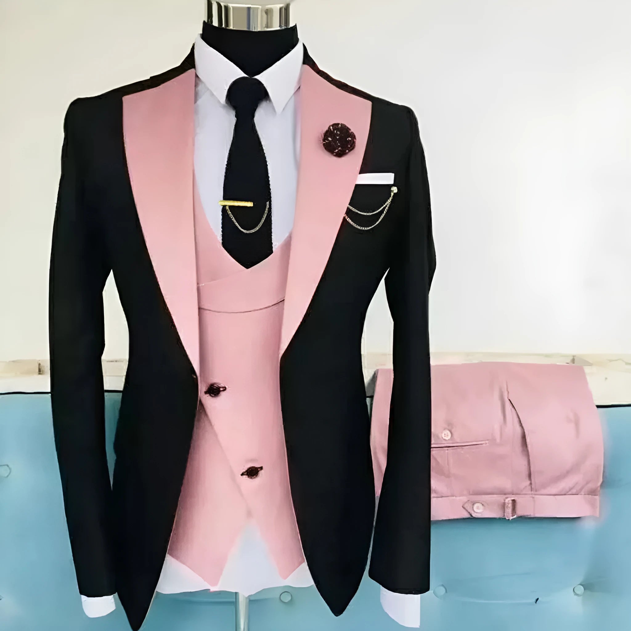 Men's slim fit three-piece business suit in cotton with coat, vest, and trousers for formal occasions
