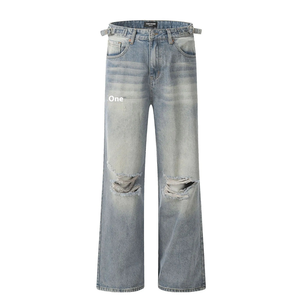 Men's blue retro straight-leg jeans with ripped detailing and cotton-blend fabric