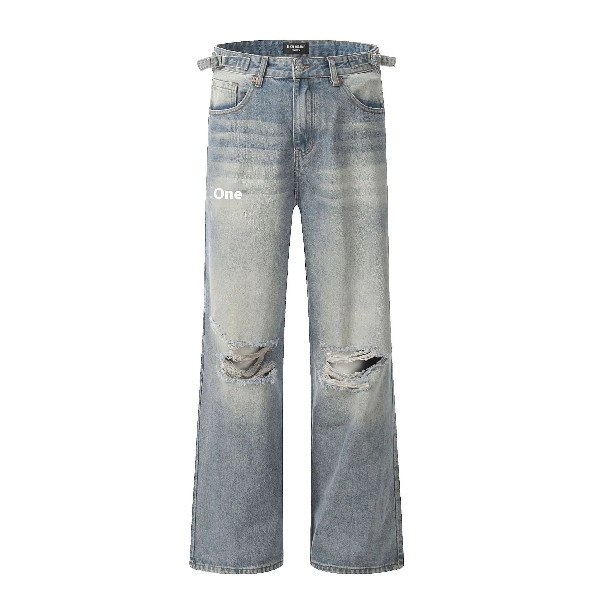 Men's blue retro straight-leg jeans with ripped detailing and cotton-blend fabric