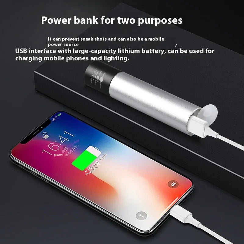 Black and silver aluminium red light therapy mosquito repellent lamp with charging cable.