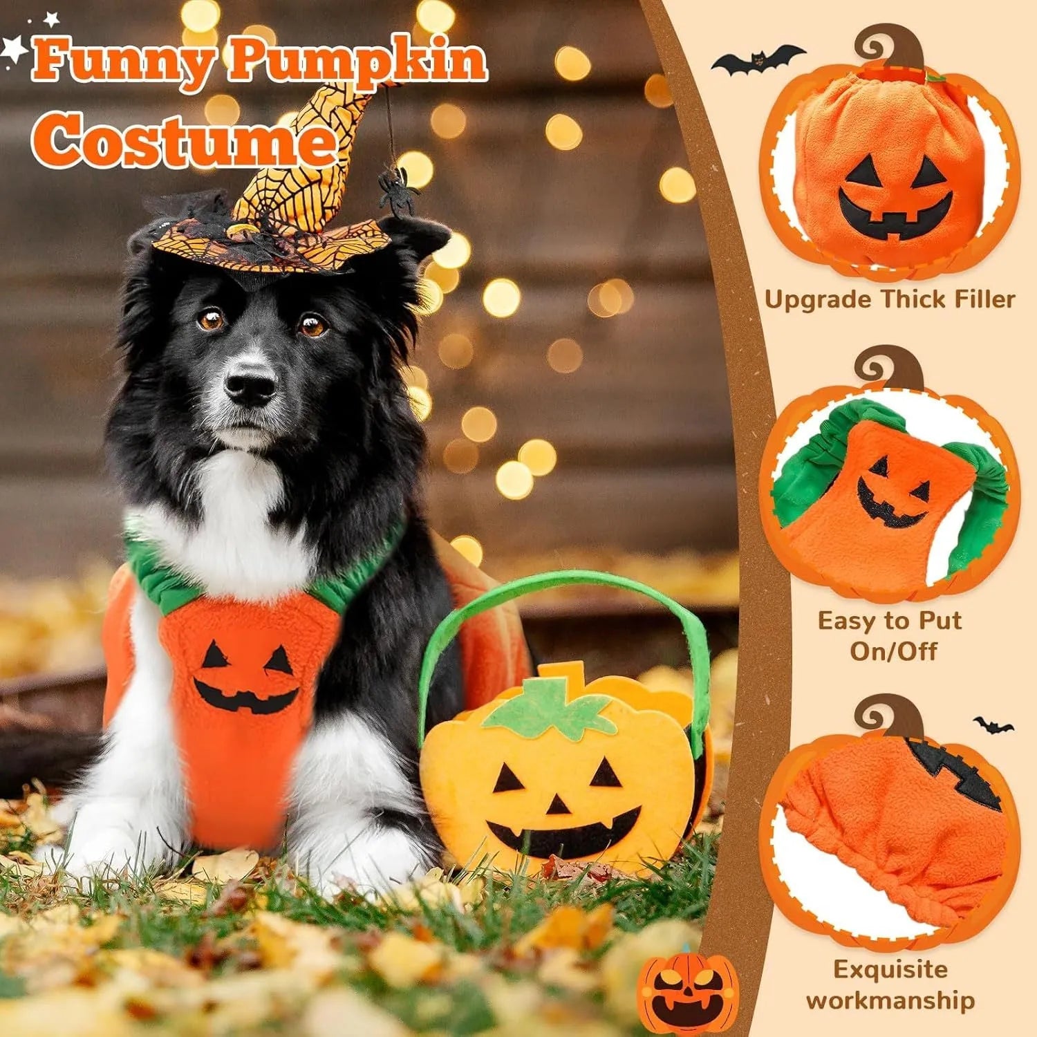 Orange plush pumpkin Halloween costume for small dog on mannequin