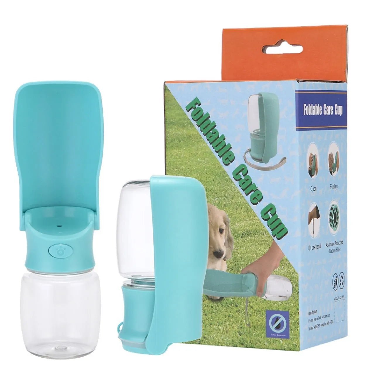 Foldable dog water bottle dispenser in blue, pink, and white colour options showing 350ml and 550ml capacities