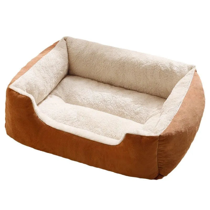 Short plush cat bed cushion shown in multiple sizes and colour options including black, coffee, grey, green and pink