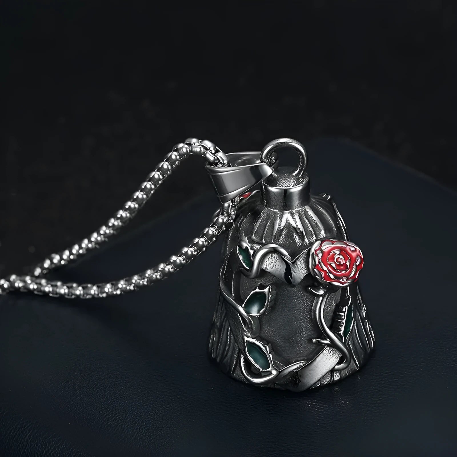 Titanium steel geometric motorcycle lucky bell with polished finish and double-sided epoxy rose design
