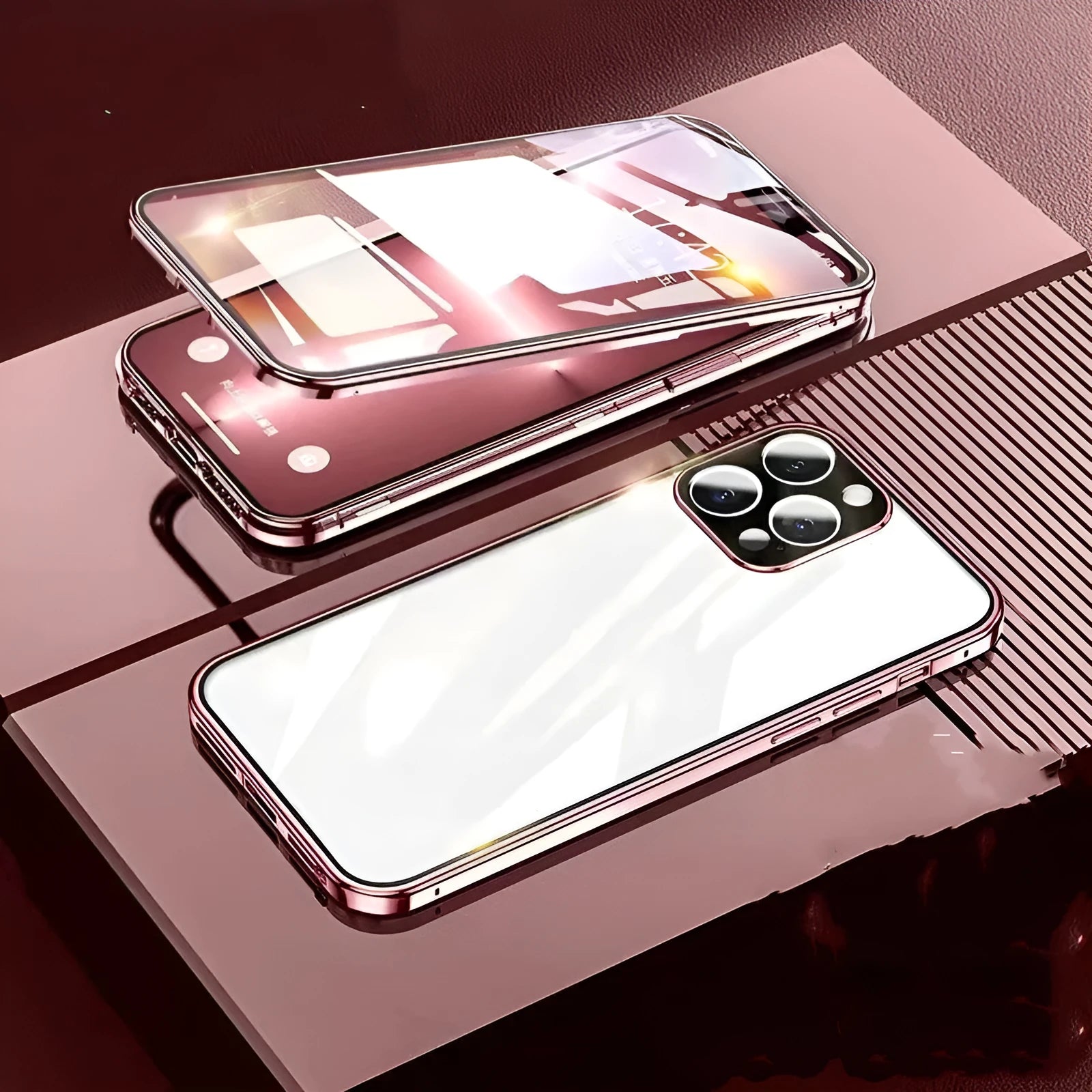 Metal glass phone case with magnetic suction and double-card buckle for iPhone 11-14 Pro Max in black