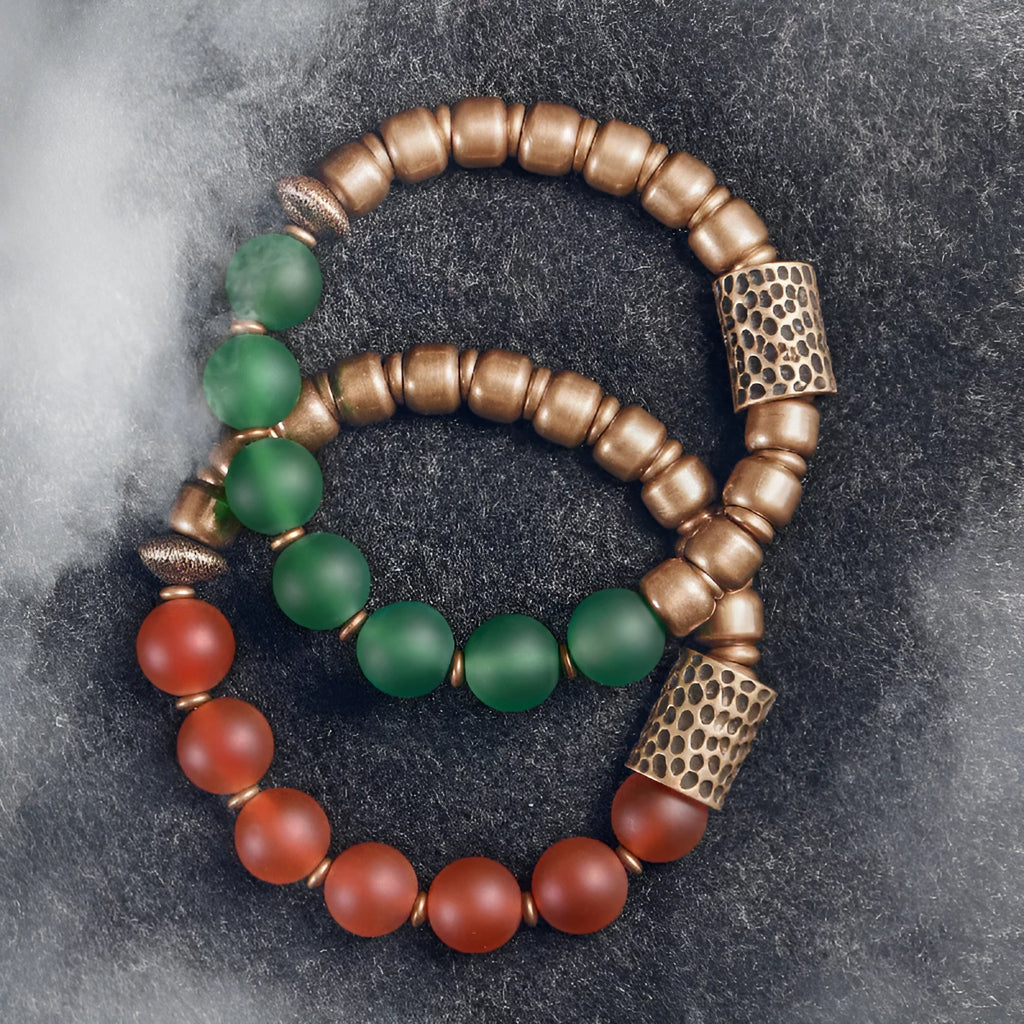 Ethnic couples bracelet with antique-finished green agate beads on natural cord.