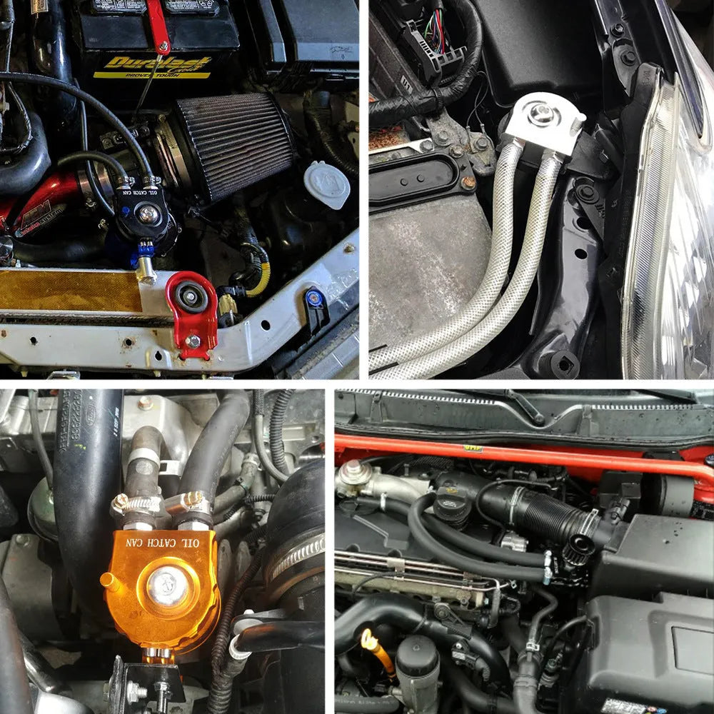 Aluminium car engine oil breather pot in choice of black, blue, red, or silver colours.