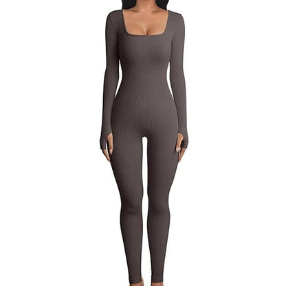 Women's stylish yoga jumpsuit with square neckline and long sleeves, available in a variety of colors.