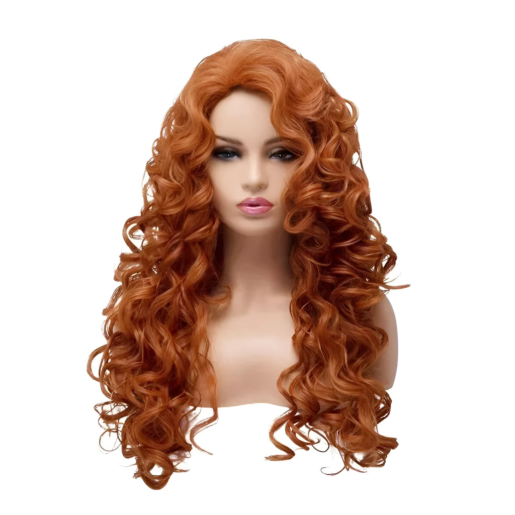 Brown long wavy curly synthetic wig with instant noodles texture and red net head cover