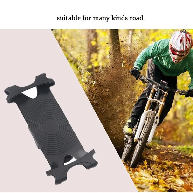 Silicone bicycle phone holder mounted on handlebars showing 3 adjustment holes and secure locking mechanism