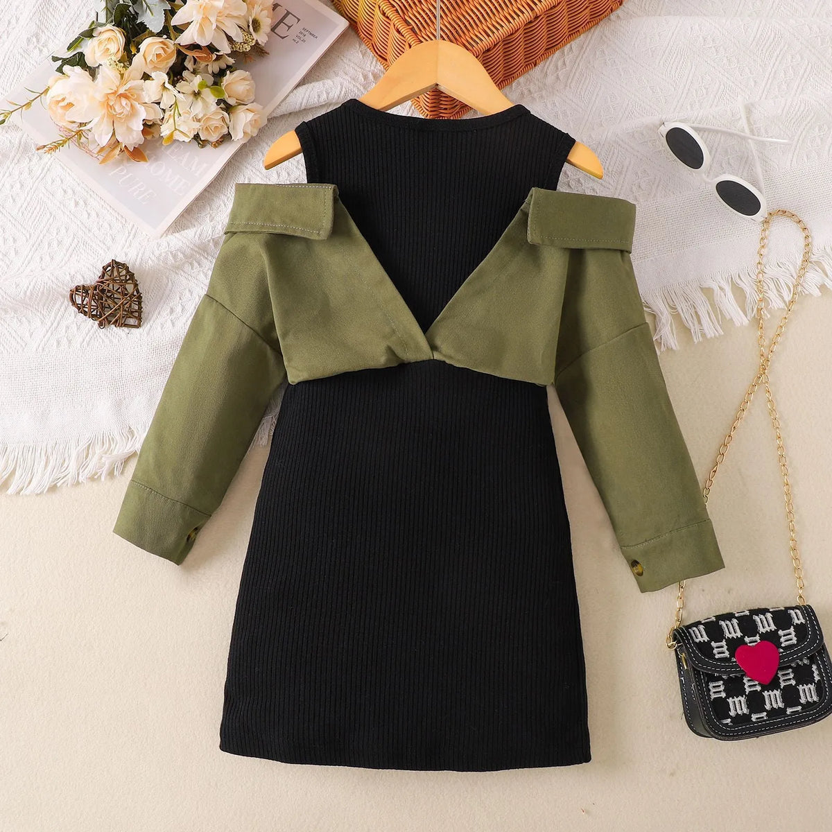 Children's off-shoulder long sleeve dress in military green, cotton pullover, sizes 4Y-7Y