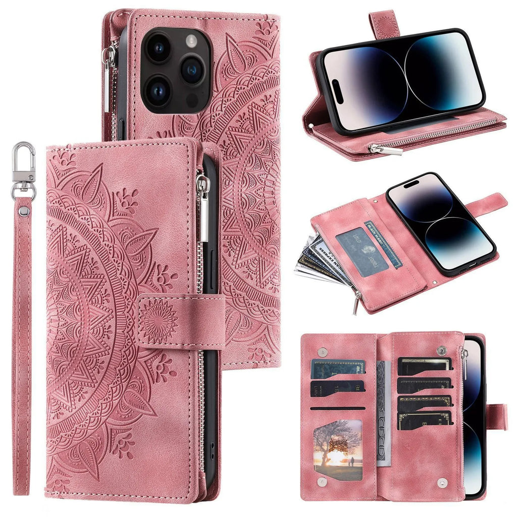 Embossed totem PU leather flip wallet phone case for iPhone with card slots and zipper in black, blue, green, pink, red, or purple.