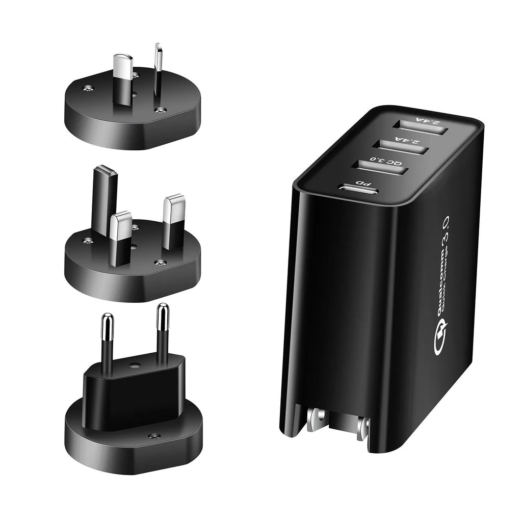 Black or white 48W PD charger with four USB-C ports and interchangeable UK, US, EU, AU plugs.