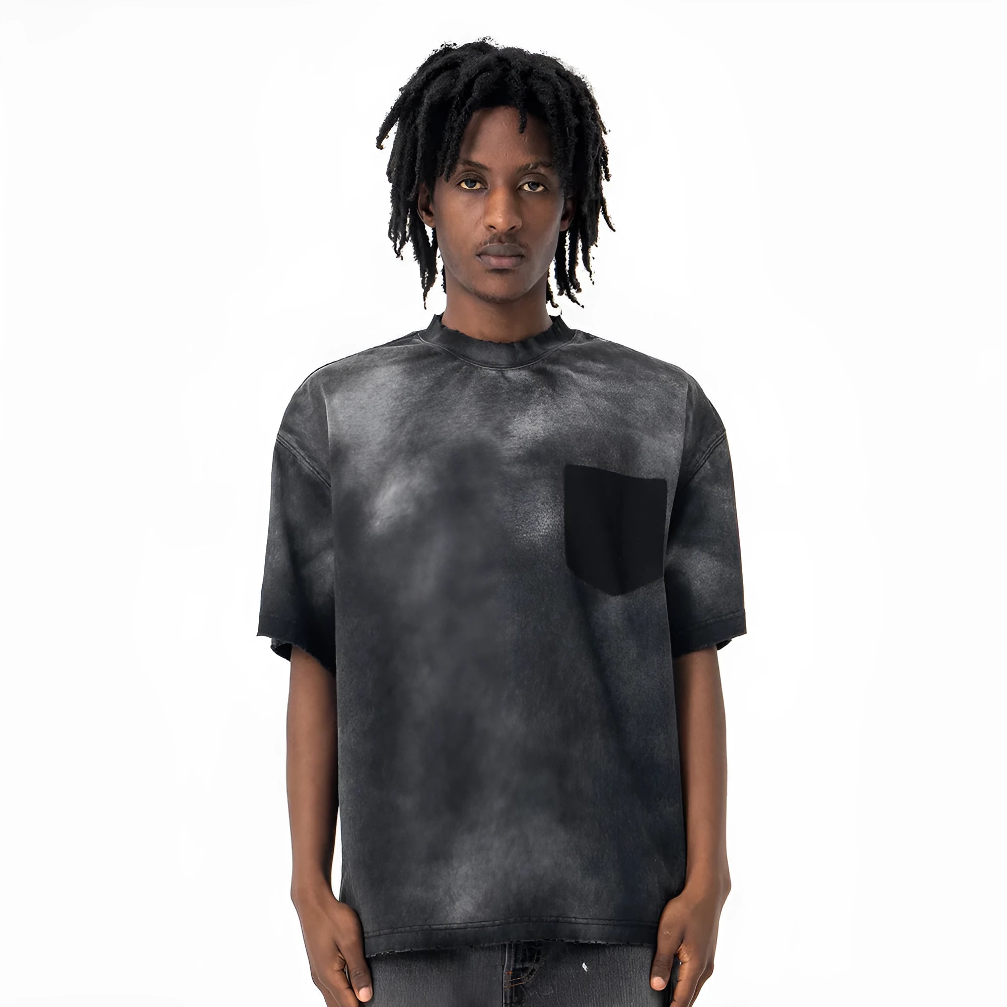 Men's black loose fit cotton t-shirt with letter pattern print and drop shoulder sleeves
