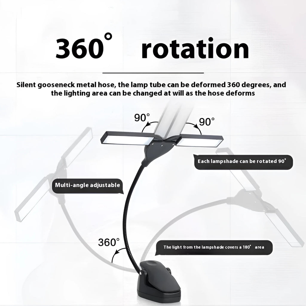 Black rechargeable music stand light with 28 LED lamps and USB cable on a metal music stand