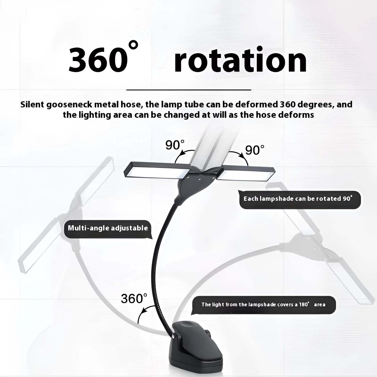 Black rechargeable music stand light with 28 LED lamps and USB cable on a metal music stand