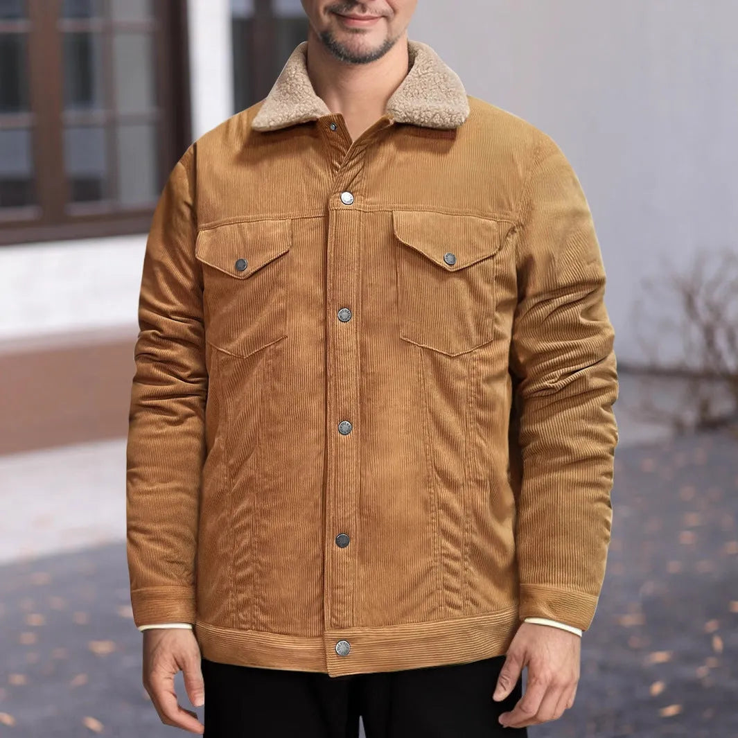 Men's thickened corduroy fleece-lined lapel jacket in dark brown, army green, navy blue or black, sizes S to XXXL