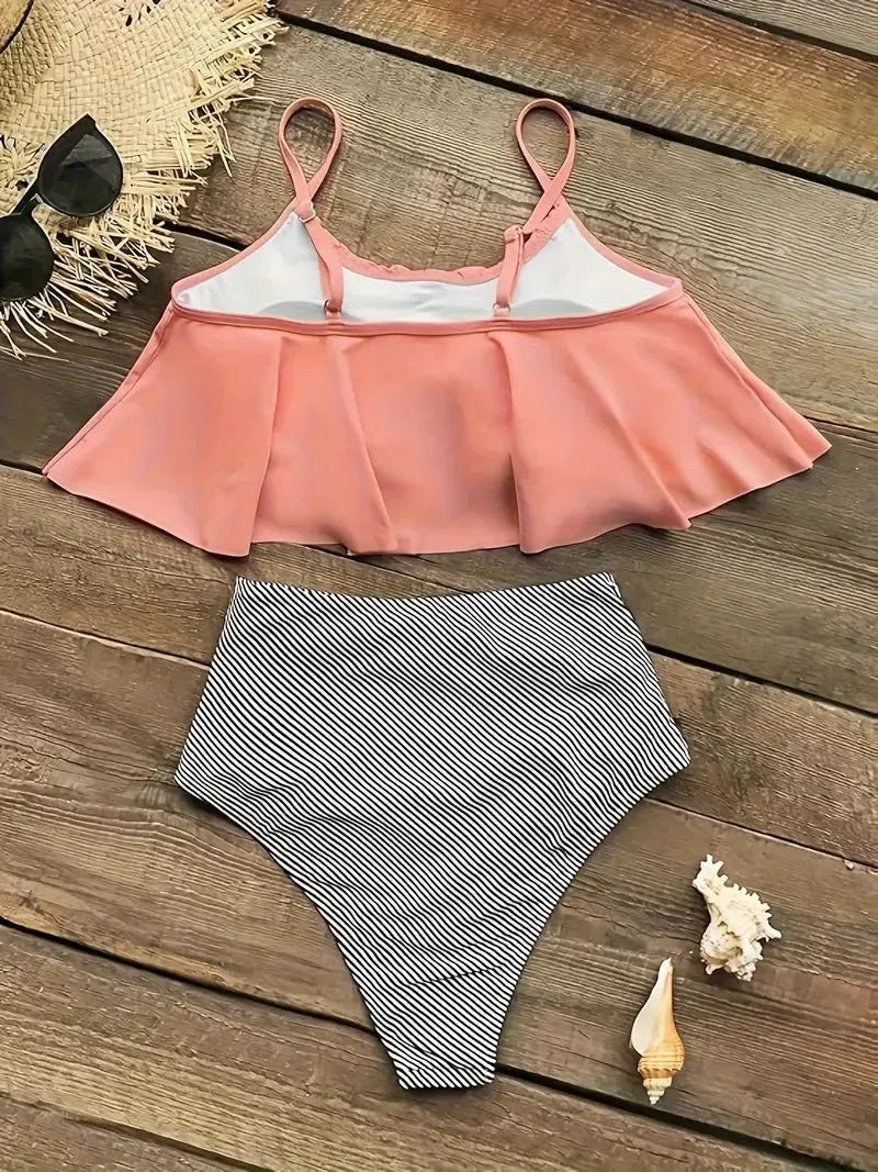 Women's ruffled conservative swimsuit in high-waisted split design with backless briefs styling