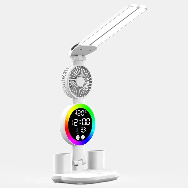 LED student rechargeable desk lamp with clock display, USB cable, and modern white finish on a desk.