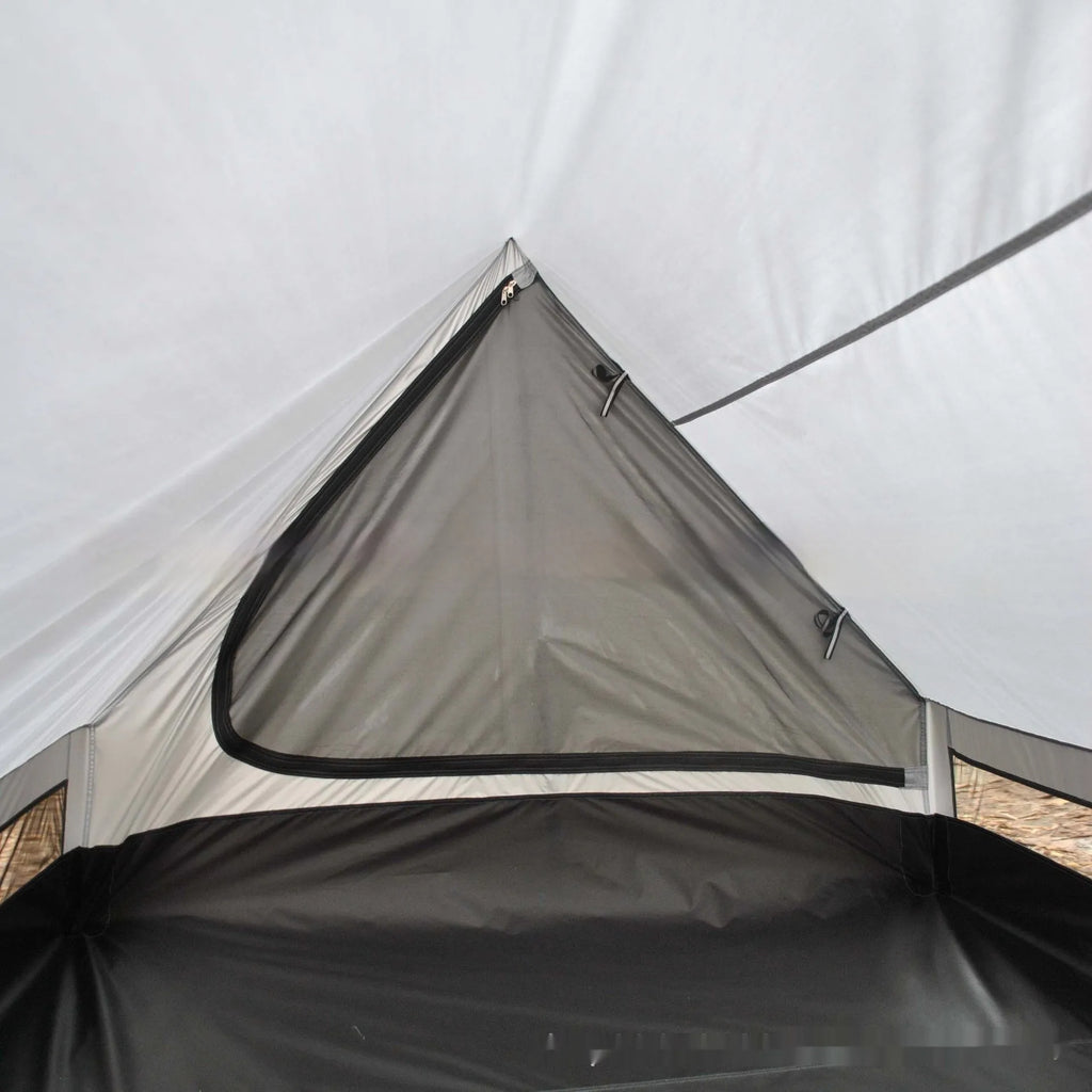 Brown or white A-line pole-free cabin tent for 2-3 people with hiking cane setup.
