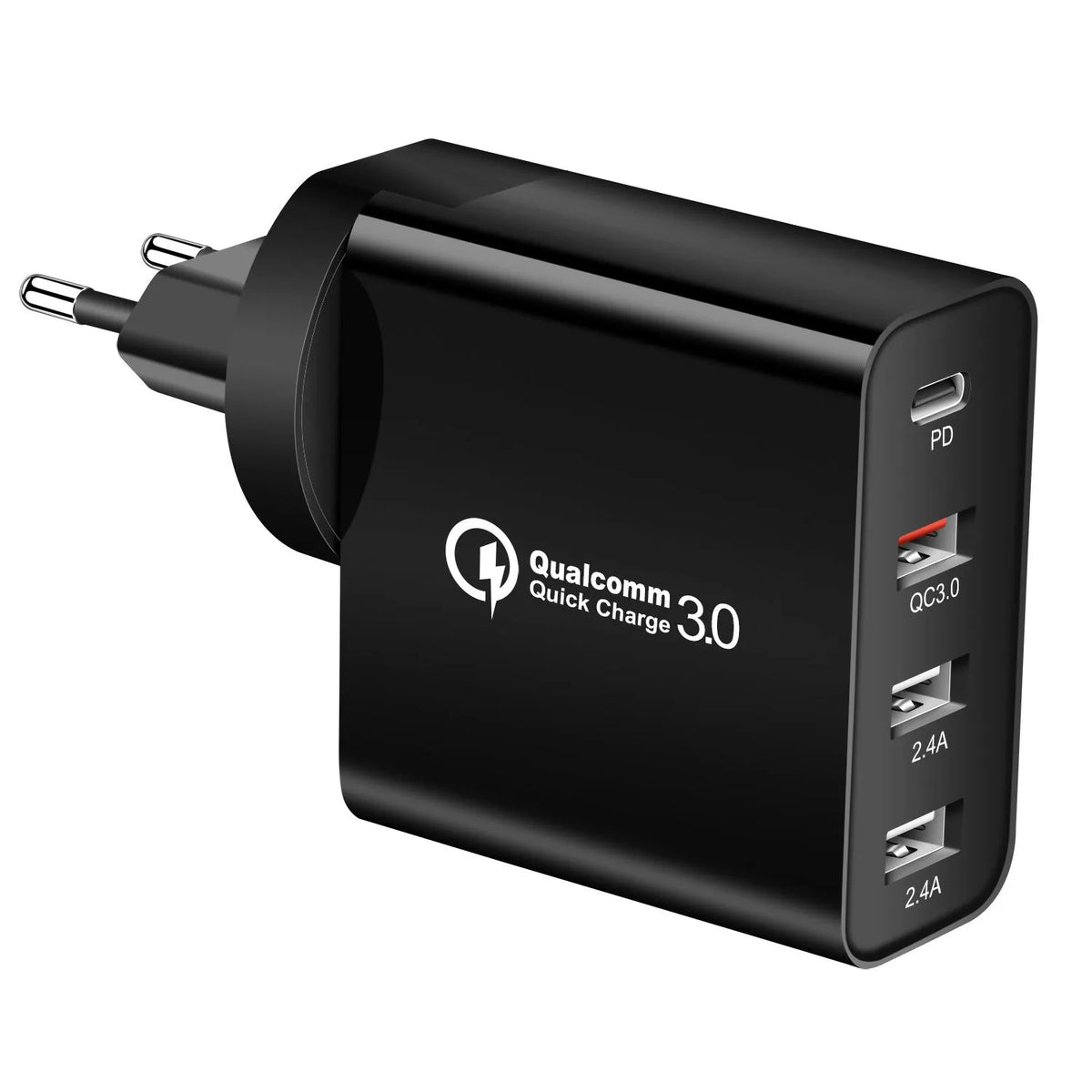 Black or white 48W PD charger with four USB-C ports and interchangeable UK, US, EU, AU plugs.