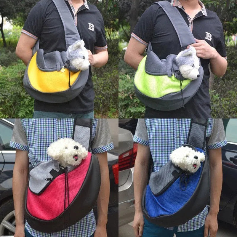 Blue pet backpack carrier for a small dog, showing shoulder straps and front mesh panel.