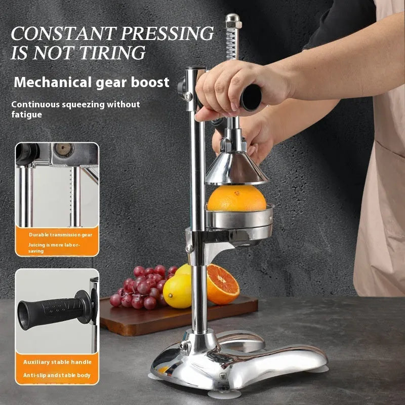 Stainless steel vertical manual juicer with multiple juicing head options in modern colours
