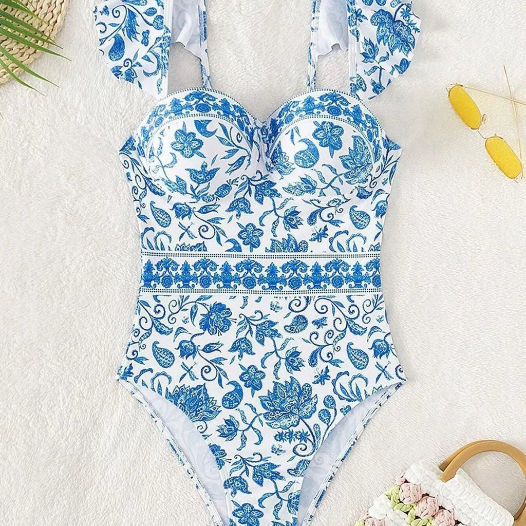Blue and white porcelain print one-piece swimsuit for women, sleeveless polyester swimwear.