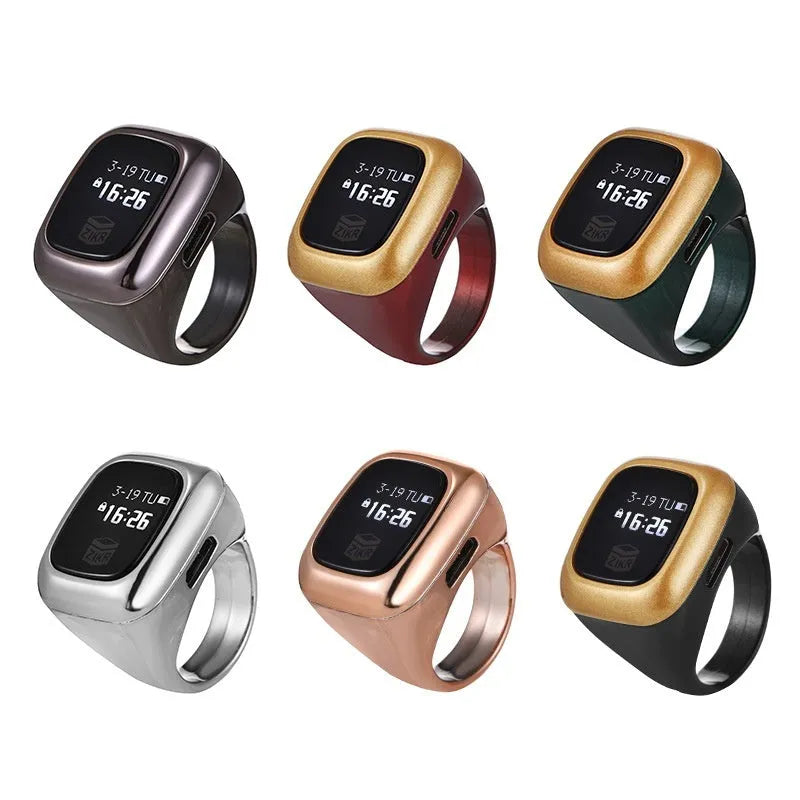 Al-Fatiha zikr counter electronic device with display screen on a black strap.