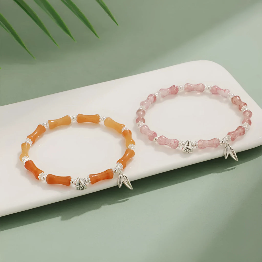 Green aventurine bamboo strawberry quartz crystal bracelet with electroplated finish and multiple stone beads