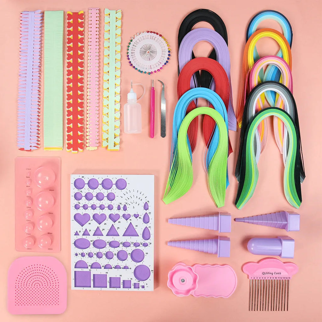 Art beginner paper craft kit with eight gradient paper strip packs, white template, tools and storage box on a table
